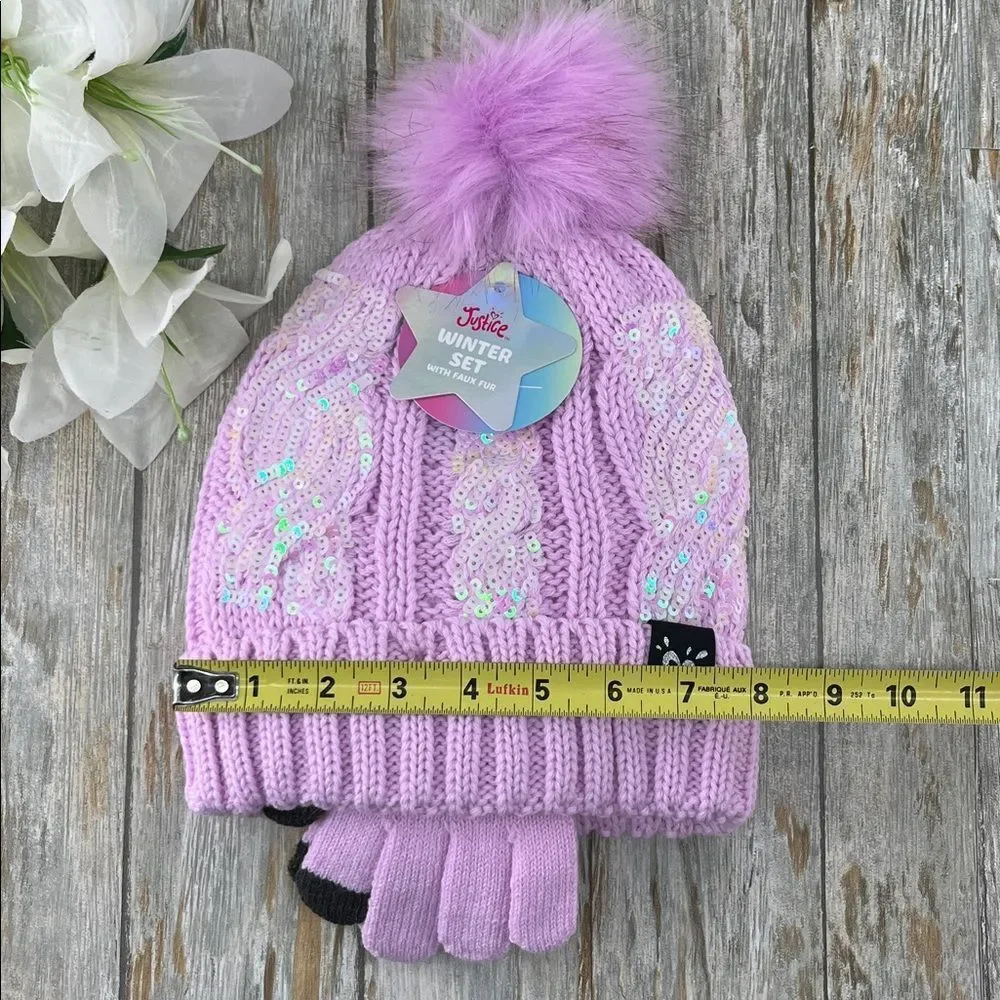 Girls Justice Sequin Cable Knit Hat and Gloves Set Pink 2-Pack